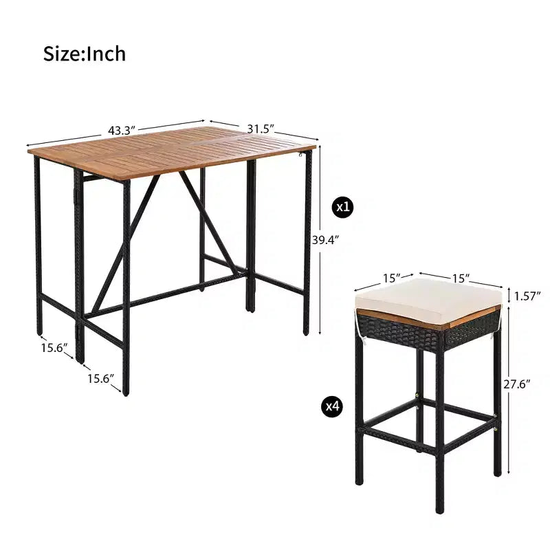 Ensemble de bar 5 pièces d'extérieur en rotin PE Whisen avec plateau de table pliable et coussins