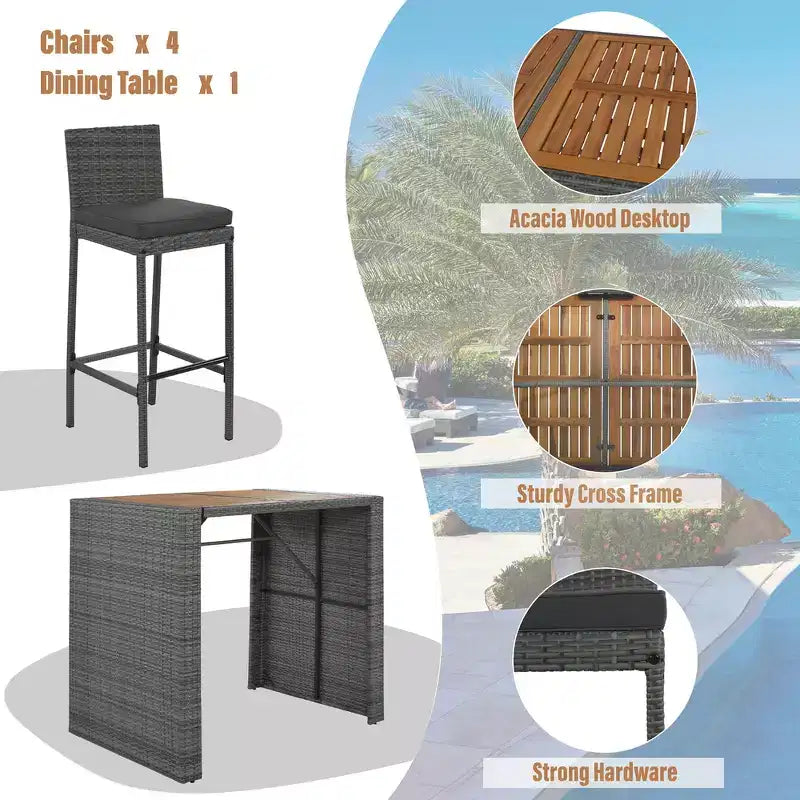 Ensemble de bar 5 pièces d'extérieur en rotin PE Whisen avec plateau de table pliable et coussins