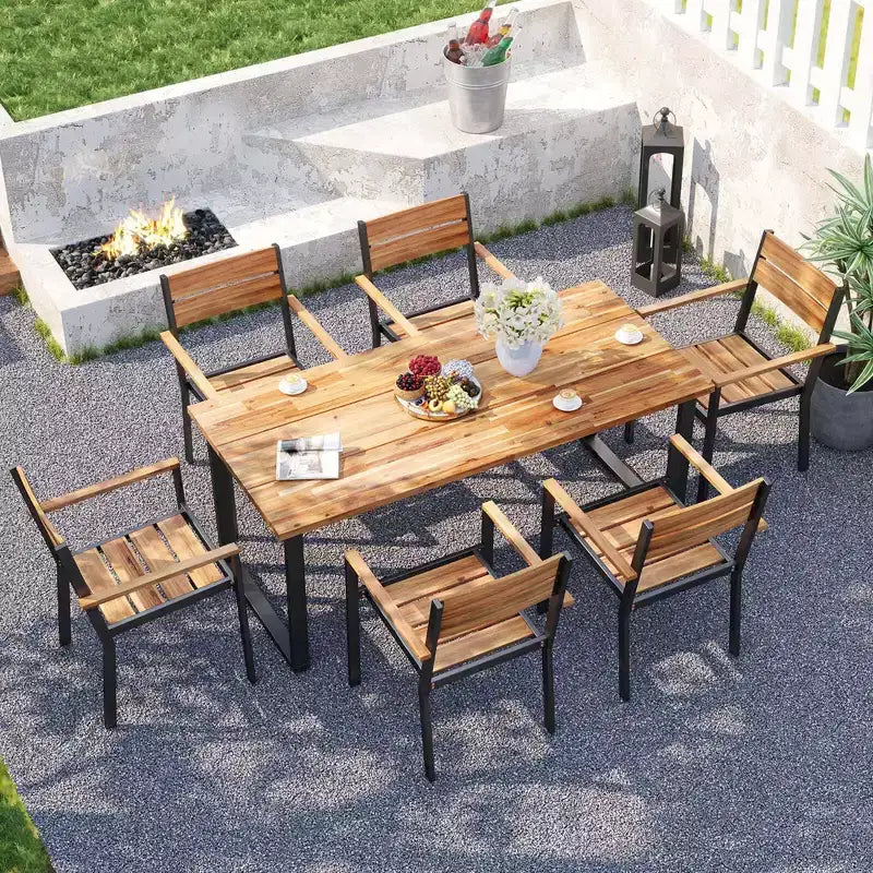 Costway Ensemble de salle à manger d'extérieur 7 pièces en bois d'acacia, 6 fauteuils et table de 175 cm avec 2 trous pour parasol