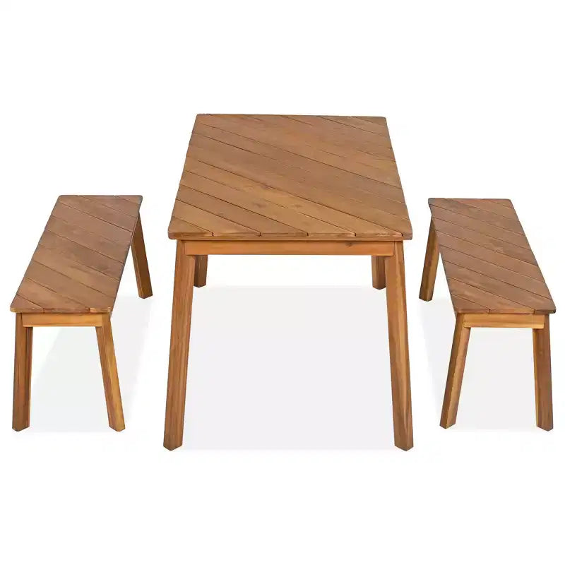 Whisen Outdoor Wood Dining Set with 2 Benches, Acacia Wood Picnic Beer Table for Patio, Porch, Garden - Natural