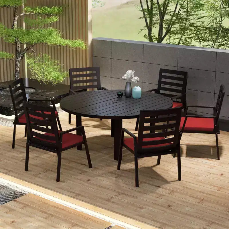Ensemble de salle à manger de patio 7 pièces LeisureMod Chelsea, table à manger ronde en aluminium de 60 po et 6 fauteuils de salle à manger