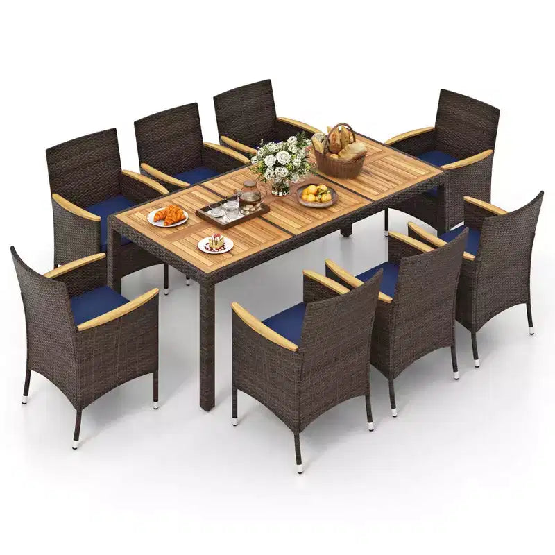 Costway 9PCS Outdoor Dining Set with Acacia Wood Table Top Patio Dining Set for 8 People Navy/Beige