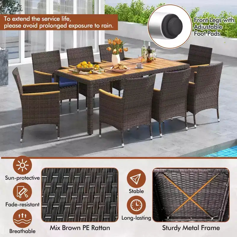 Costway 9PCS Outdoor Dining Set with Acacia Wood Table Top Patio Dining Set for 8 People Navy/Beige