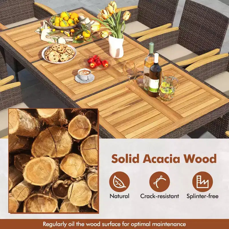 Costway 9PCS Outdoor Dining Set with Acacia Wood Table Top Patio Dining Set for 8 People Navy/Beige