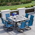 Ensemble de salle à manger de patio EROMMY 9 pièces, table et chaises de salle à manger d'extérieur pour 8 personnes, ensemble de meubles de patio pour terrasse, jardin, pelouse, bord de piscine, marron/gris/bleu