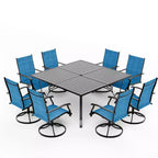 Ensemble de salle à manger de patio EROMMY 9 pièces, table et chaises de salle à manger d'extérieur pour 8 personnes, ensemble de meubles de patio pour terrasse, jardin, pelouse, bord de piscine, marron/gris/bleu