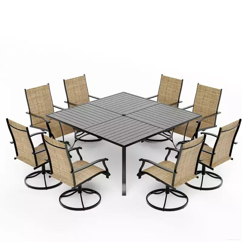 Ensemble de salle à manger de patio EROMMY 9 pièces, table et chaises de salle à manger d'extérieur pour 8 personnes, ensemble de meubles de patio pour terrasse, jardin, pelouse, bord de piscine, marron/gris/bleu
