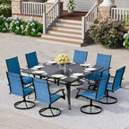 Ensemble de salle à manger de patio EROMMY 9 pièces, table et chaises de salle à manger d'extérieur pour 8 personnes, ensemble de meubles de patio pour terrasse, jardin, pelouse, bord de piscine, marron/gris/bleu