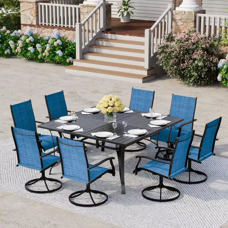 Ensemble de salle à manger de patio EROMMY 9 pièces, table et chaises de salle à manger d'extérieur pour 8 personnes, ensemble de meubles de patio pour terrasse, jardin, pelouse, bord de piscine, marron/gris/bleu