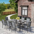 EROMMY Salon de Jardin 9 Pièces, Ensemble Table et Chaises d'Extérieur pour 8 Personnes, 8 Chaises en Textilène, 1 Table Rectangulaire en Fer avec Trou de Parasol Réglable