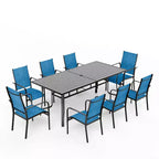 EROMMY Salon de Jardin 9 Pièces, Ensemble Table et Chaises d'Extérieur pour 8 Personnes, 8 Chaises en Textilène, 1 Table Rectangulaire en Fer avec Trou de Parasol Réglable