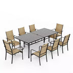 EROMMY Salon de Jardin 9 Pièces, Ensemble Table et Chaises d'Extérieur pour 8 Personnes, 8 Chaises en Textilène, 1 Table Rectangulaire en Fer avec Trou de Parasol Réglable