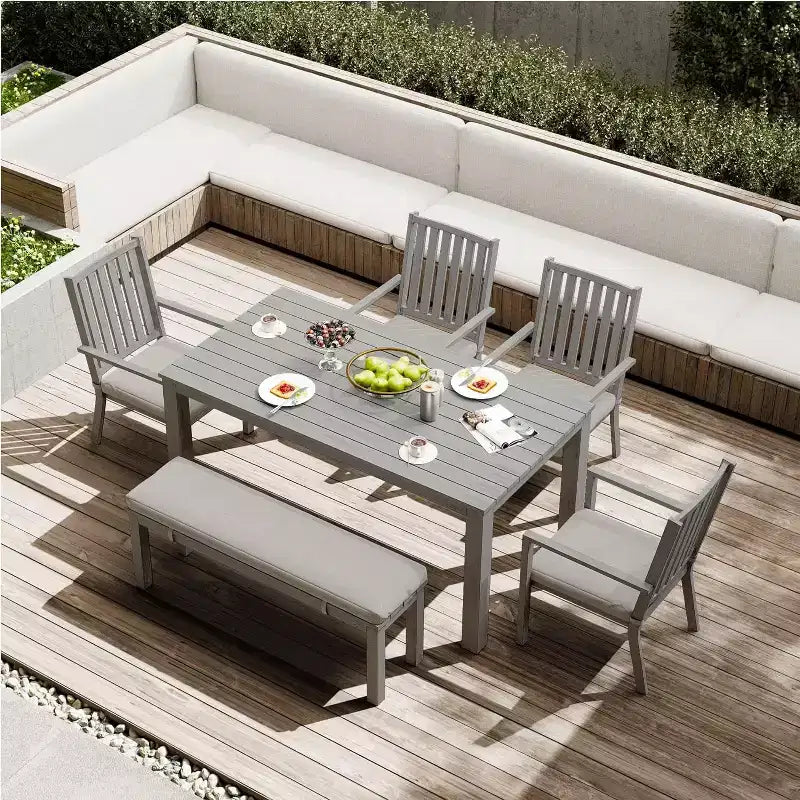 Heynemo 6 Pieces Patio Dining Sets, Aluminum Outdoor Dining Table with 4 Chairs and Bench, Patio Dining Furniture Set with Removable Cushion