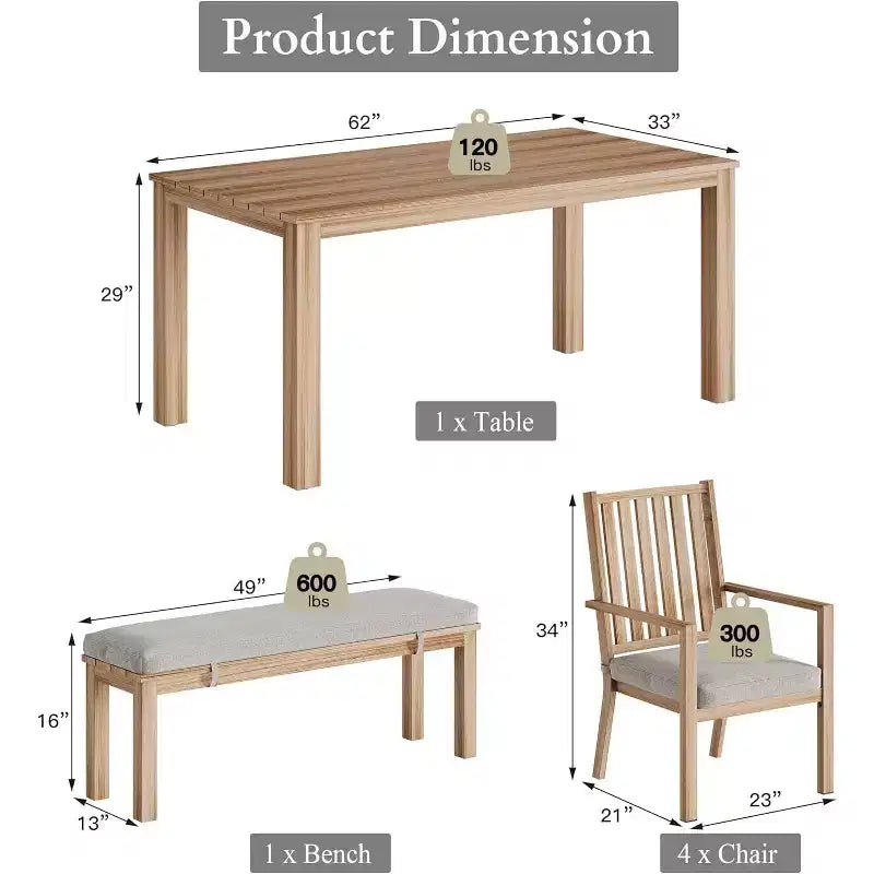 Heynemo 6 Pieces Patio Dining Sets, Aluminum Outdoor Dining Table with 4 Chairs and Bench, Patio Dining Furniture Set with Removable Cushion
