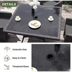 ALAULM Ensemble de mobilier de patio pour l'extérieur, ensemble de table et chaises de salle à manger de patio en rotin en osier, table carrée en verre trempé avec ensemble parapluie