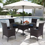 ALAULM Ensemble de mobilier de patio pour l'extérieur, ensemble de table et chaises de salle à manger de patio en rotin en osier, table carrée en verre trempé avec ensemble parapluie