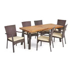 Christopher Knight Home Goleta Outdoor Acacia Wood and Wicker 7 Piece Dining Set with Cushion, Natural, Brown and Cream