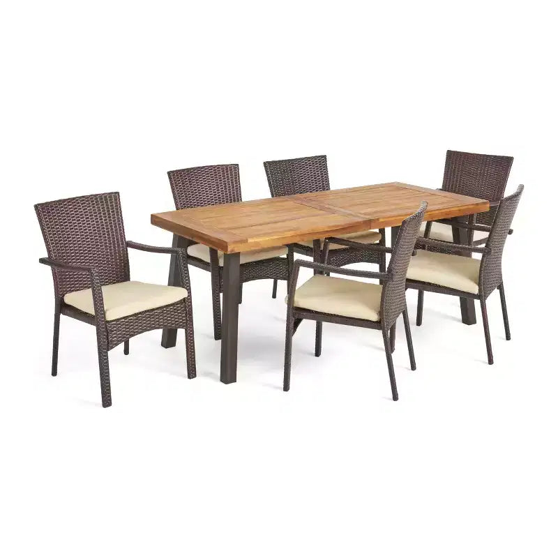 Christopher Knight Home Goleta Outdoor Acacia Wood and Wicker 7 Piece Dining Set with Cushion, Natural, Brown and Cream