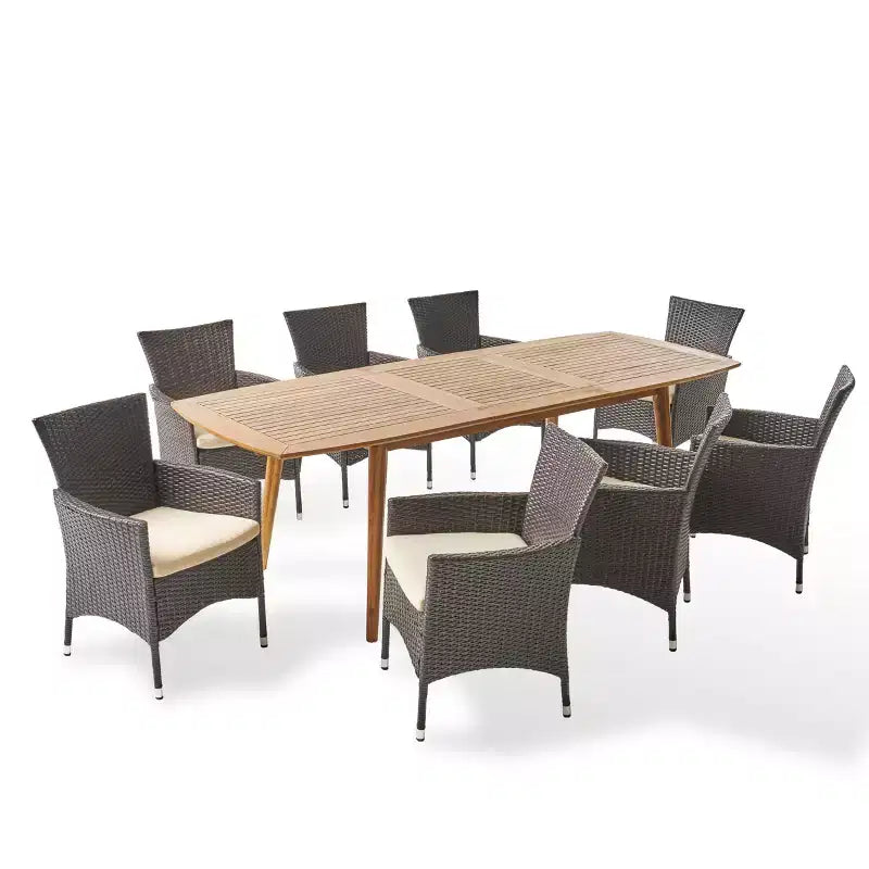 Christopher Knight Home Algoma Ensemble de salle à manger 9 pièces en bois d'acacia et osier avec coussins