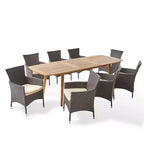 Christopher Knight Home Algoma Ensemble de salle à manger 9 pièces en bois d'acacia et osier avec coussins