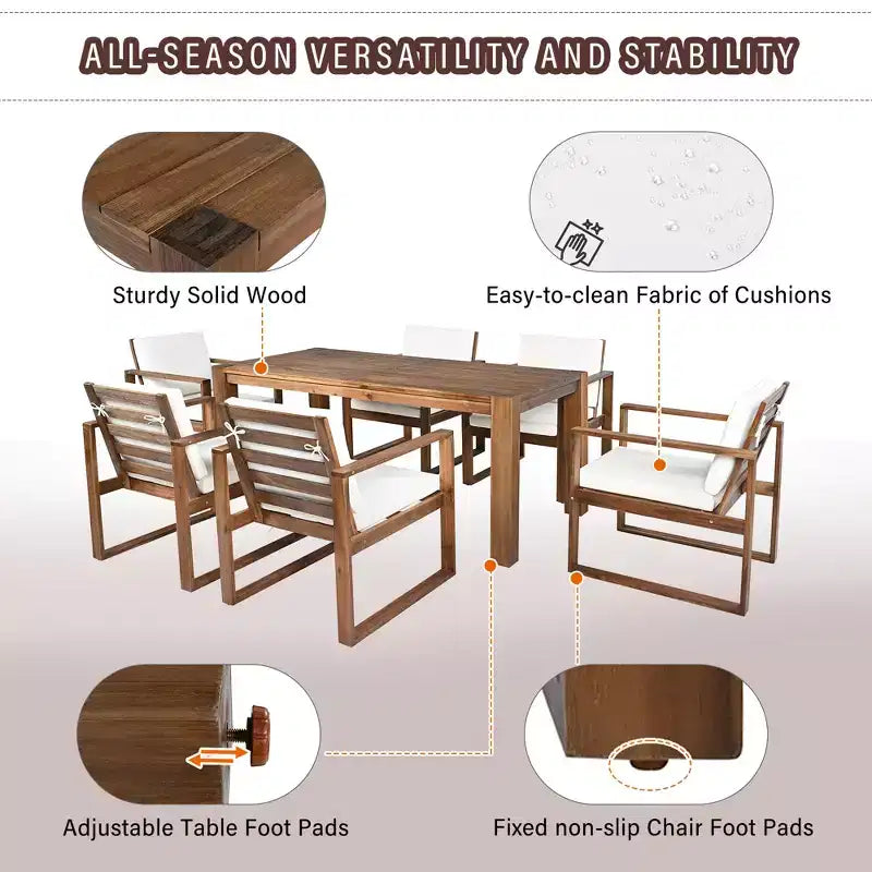 Whisen 7 Piece Acacia Wood Patio Dining Sets Outdoor Dining Set - Seats 6 with Removable Cushions, Outdoor Furniture Set with Umbrella Hole