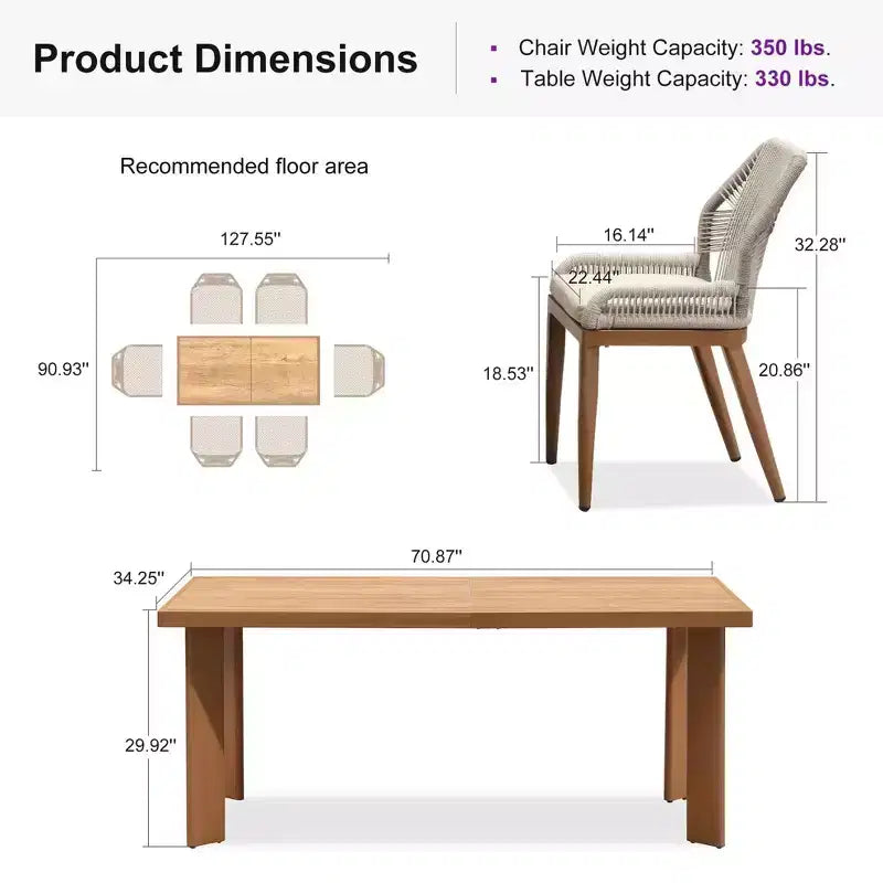 PURPLE LEAF Ensemble de salle à manger Extérieur Table rectangulaire en métal et chaises en rotin pour Porche Jardin Cuisine Ensembles de meubles d'extérieur modernes