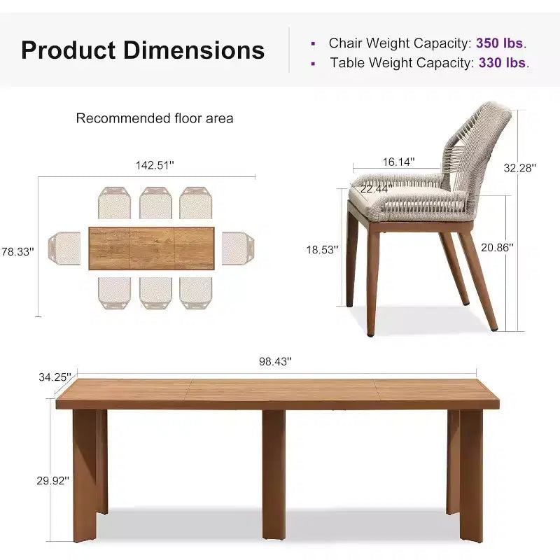 PURPLE LEAF Ensemble de salle à manger Extérieur Table rectangulaire en métal et chaises en rotin pour Porche Jardin Cuisine Ensembles de meubles d'extérieur modernes