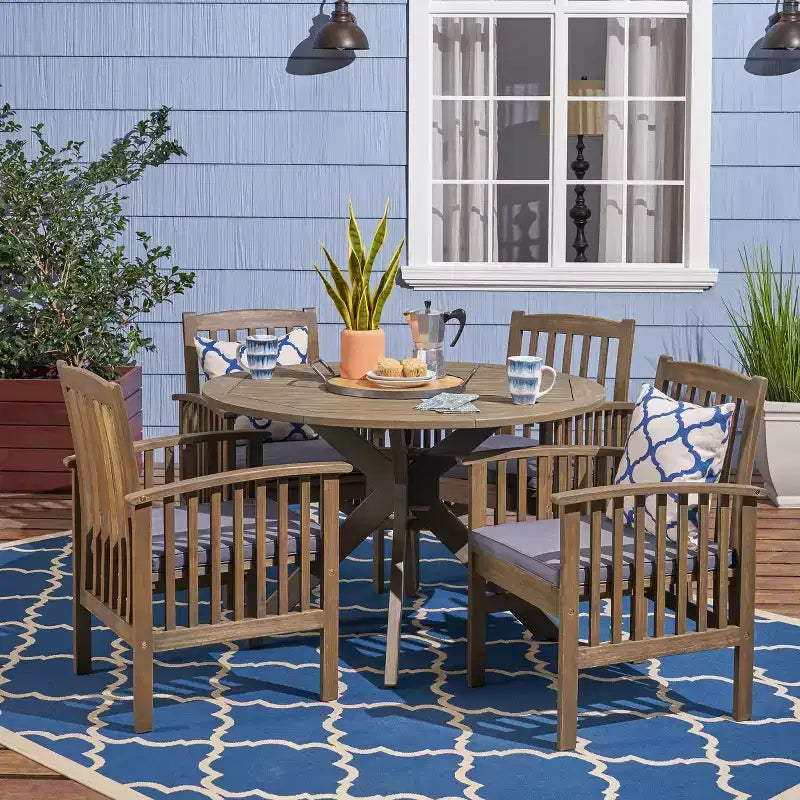 Christopher Knight Home Valence Set da Pranzo da Esterno a 5 Pezzi in Legno di Acacia con Cuscini Resistenti all'Acqua