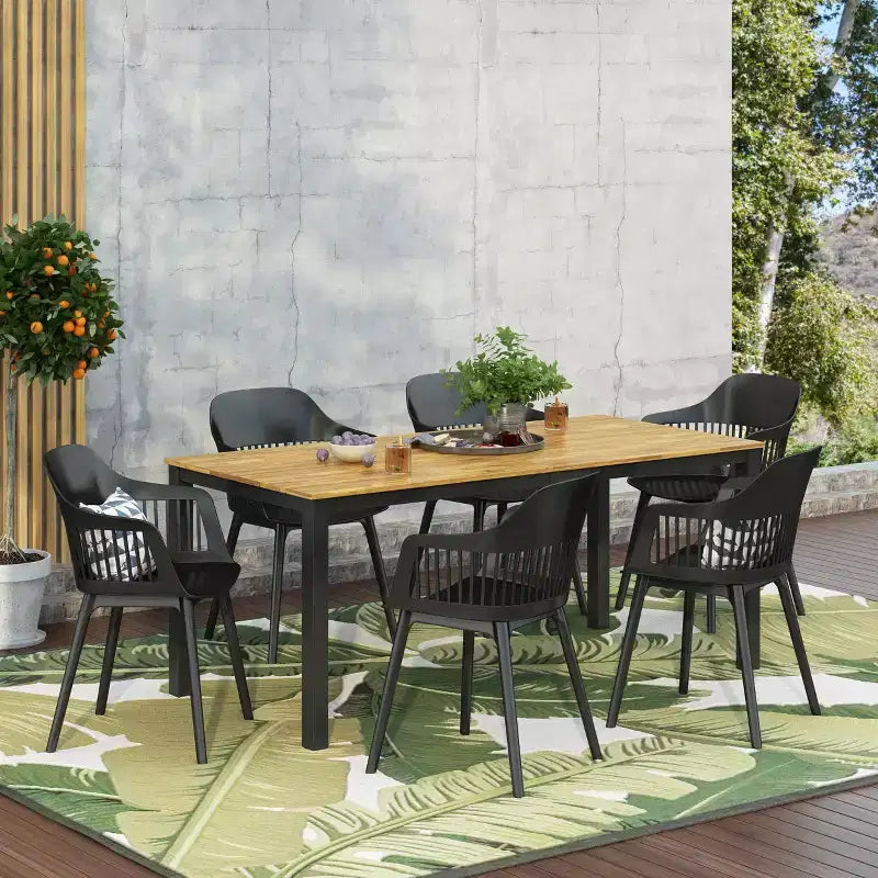 Christopher Knight Home Lorena Ensemble de salle à manger d'extérieur 7 pièces en bois d'acacia et résine avec table à manger de 71 po, Noir et teck