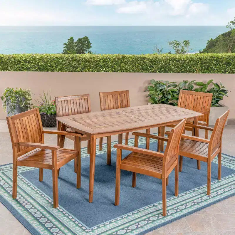 Christopher Knight Home Argo Ensemble de salle à manger d'extérieur 7 pièces en bois d'acacia avec table à manger de 71 po, Teck