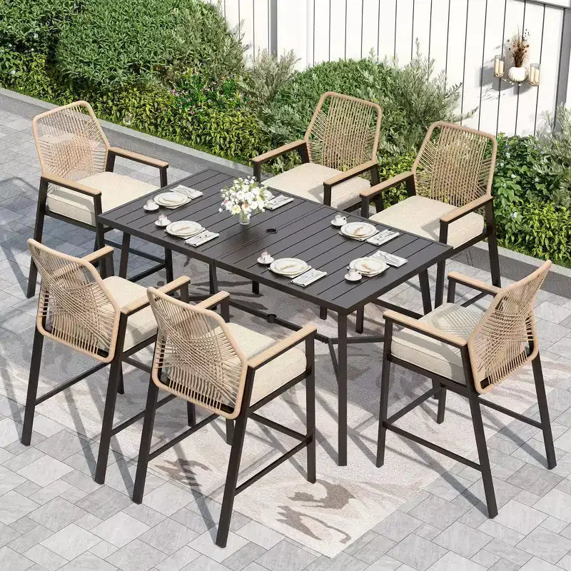 Captiva Designs Ensemble Table et Tabourets de Bar d'Extérieur avec Table de Bar en Acier et Tabourets de Bar en Rotin avec Coussins