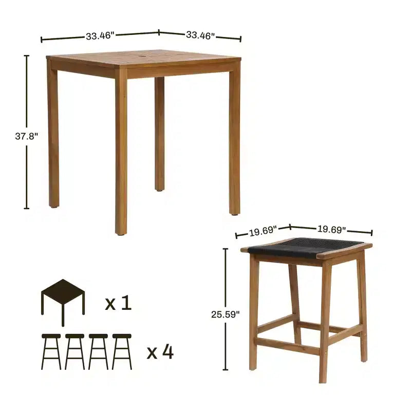 LuxenHome Outdoor Acacia Wood 4-Person Counter Height Table with 4 Stools Set Brown