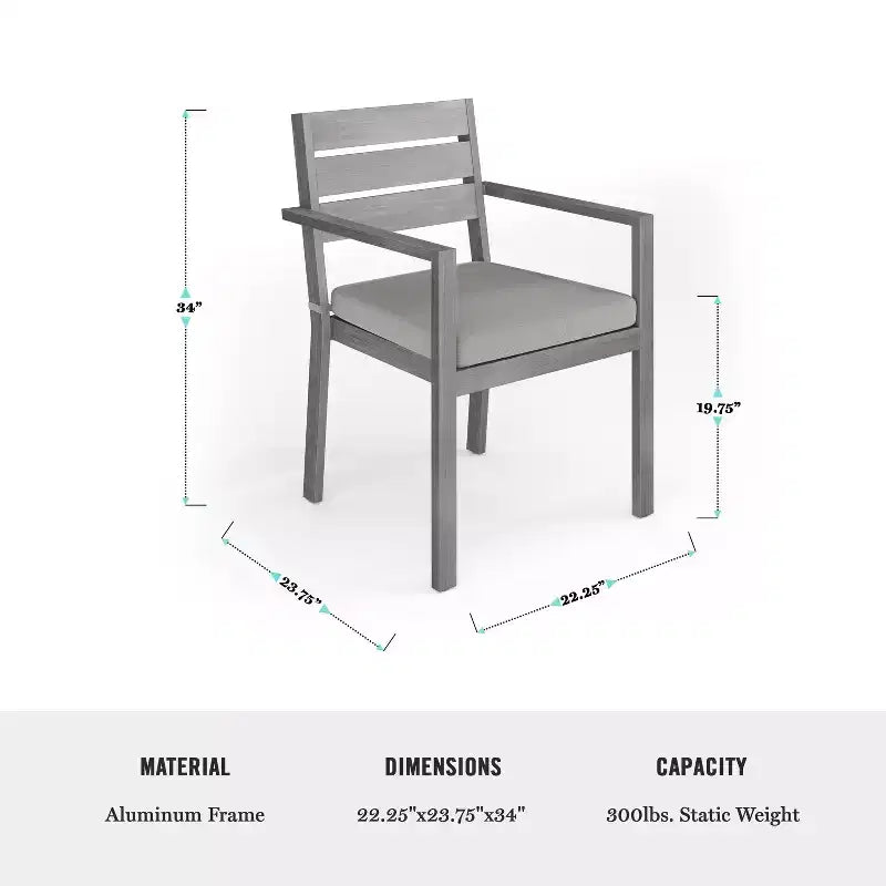 Ensemble de patio intérieur/extérieur Martha Stewart Bedford avec table de 62 po et 6 chaises de salle à manger avec finition en aluminium brossé imitation bois et coussins toutes saisons