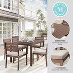 Ensemble de patio intérieur/extérieur Martha Stewart Bedford avec table de 62 po et 6 chaises de salle à manger avec finition en aluminium brossé imitation bois et coussins toutes saisons