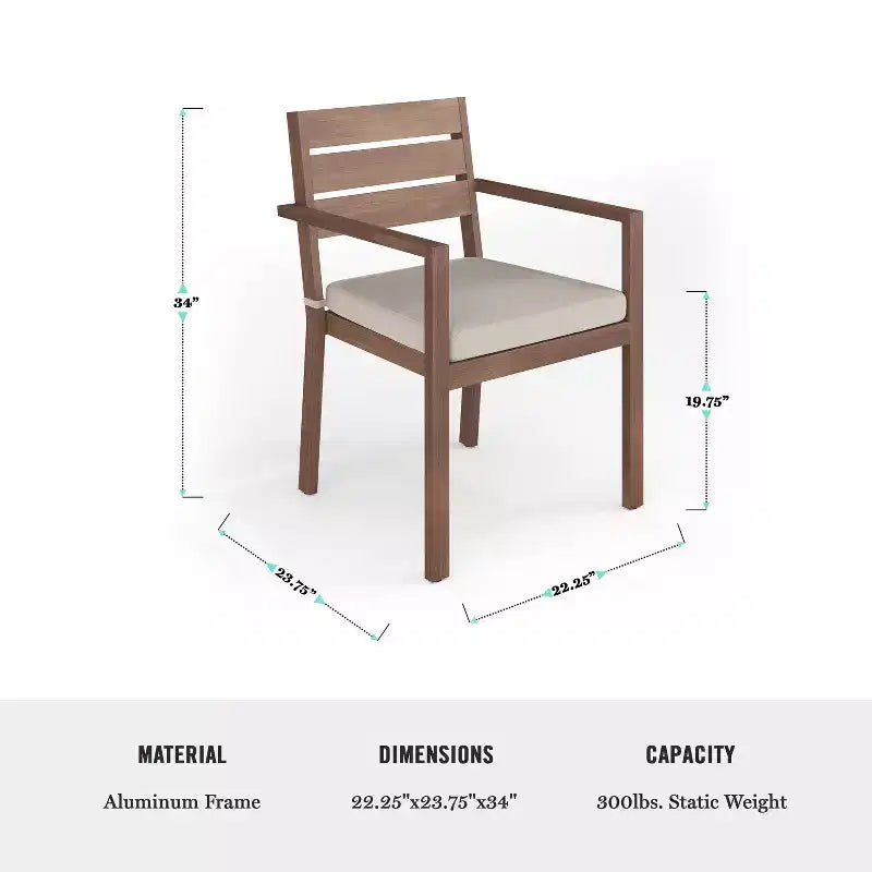 Ensemble de patio intérieur/extérieur Martha Stewart Bedford avec table de 62 po et 6 chaises de salle à manger avec finition en aluminium brossé imitation bois et coussins toutes saisons