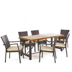 GDFStudio Malic Outdoor Acacia Wood and Wicker 7 Piece Dining Set with Cushion, Cream/Teak