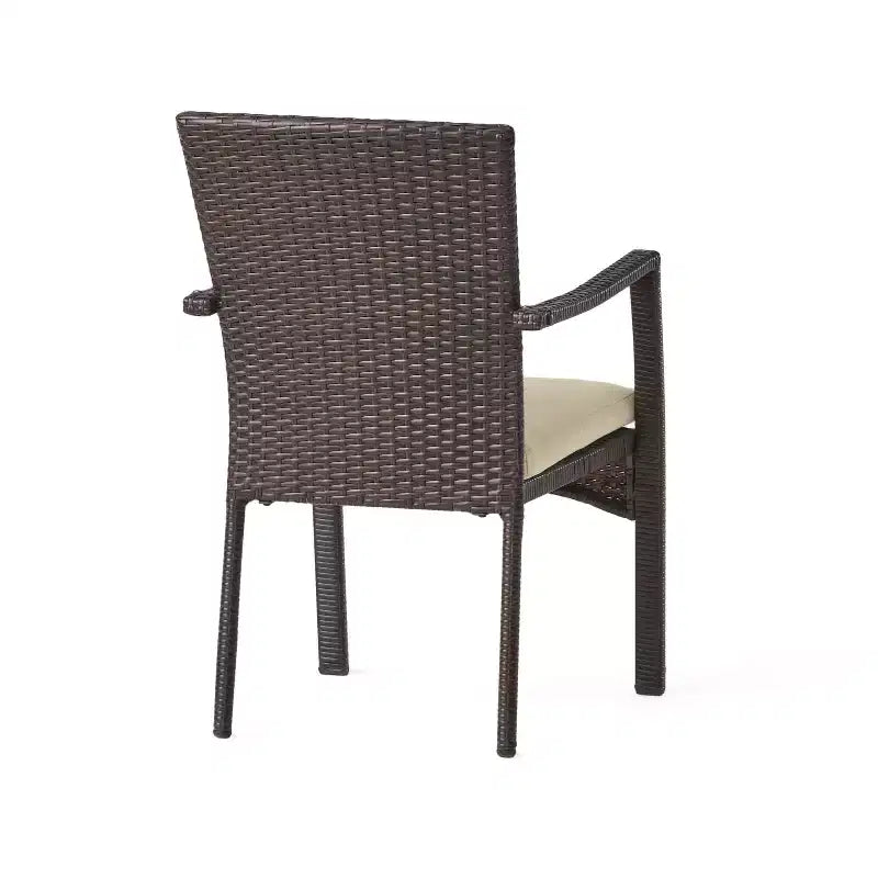 GDFStudio Malic Outdoor Acacia Wood and Wicker 7 Piece Dining Set with Cushion, Cream/Teak