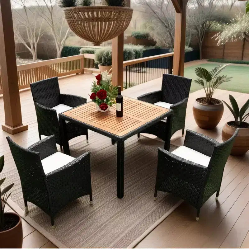 Whisen 7 Piece Outdoor Patio Wicker Dining Set with Acacia Wood Table Top, 6 Chairs