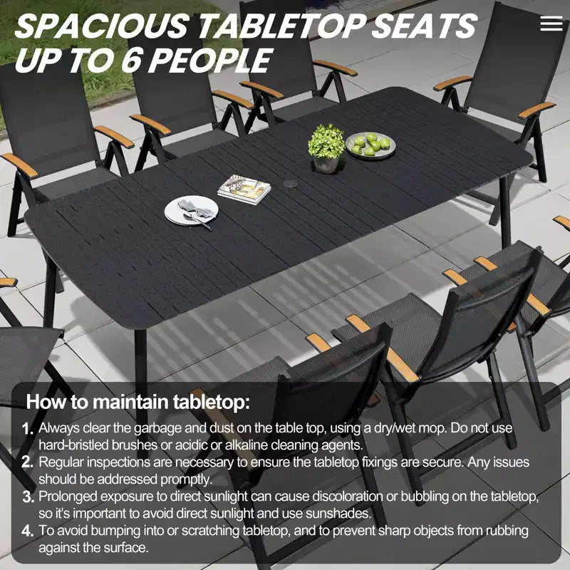 Crestlive Products - Ensemble de salle à manger d'extérieur 7 pièces, table rectangulaire de patio avec chaises pliantes, cadre en aluminium, plateau aspect bois et trou pour parasol