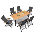 Crestlive Products - Ensemble de salle à manger d'extérieur 7 pièces, table rectangulaire de patio avec chaises pliantes, cadre en aluminium, plateau aspect bois et trou pour parasol