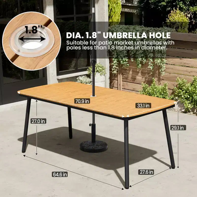 Crestlive Products - Ensemble de salle à manger d'extérieur 7 pièces, table rectangulaire de patio avec chaises pliantes, cadre en aluminium, plateau aspect bois et trou pour parasol