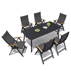 Crestlive Products - Ensemble de salle à manger d'extérieur 7 pièces, table rectangulaire de patio avec chaises pliantes, cadre en aluminium, plateau aspect bois et trou pour parasol