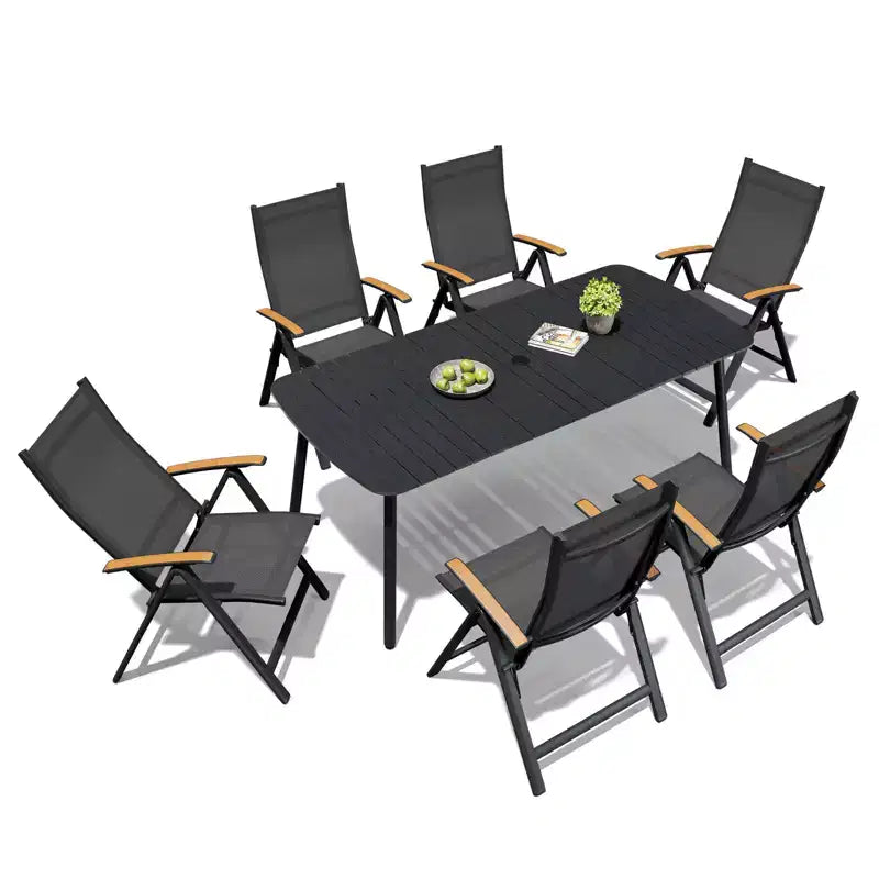 Crestlive Products - Ensemble de salle à manger d'extérieur 7 pièces, table rectangulaire de patio avec chaises pliantes, cadre en aluminium, plateau aspect bois et trou pour parasol