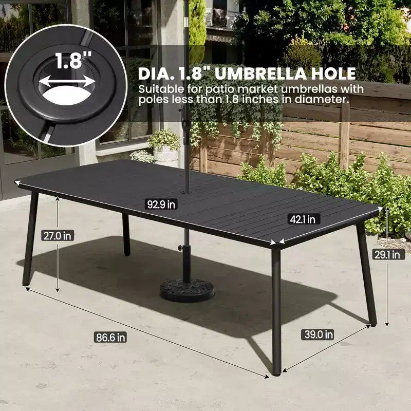 Crestlive Products - Ensemble de salle à manger d'extérieur 7 pièces, table rectangulaire de patio avec chaises pliantes, cadre en aluminium, plateau aspect bois et trou pour parasol