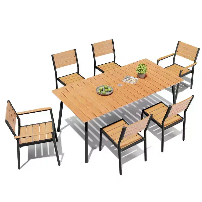 Crestlive Products Ensemble repas de jardin 7 pièces en aluminium, table de 183 cm et 6 chaises avec plateau en bois composite et trou pour parasol pour piscine et pelouse extérieure