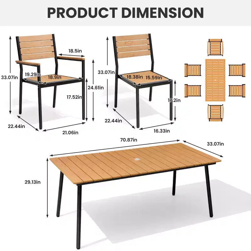 Crestlive Products Ensemble repas de jardin 7 pièces en aluminium, table de 183 cm et 6 chaises avec plateau en bois composite et trou pour parasol pour piscine et pelouse extérieure