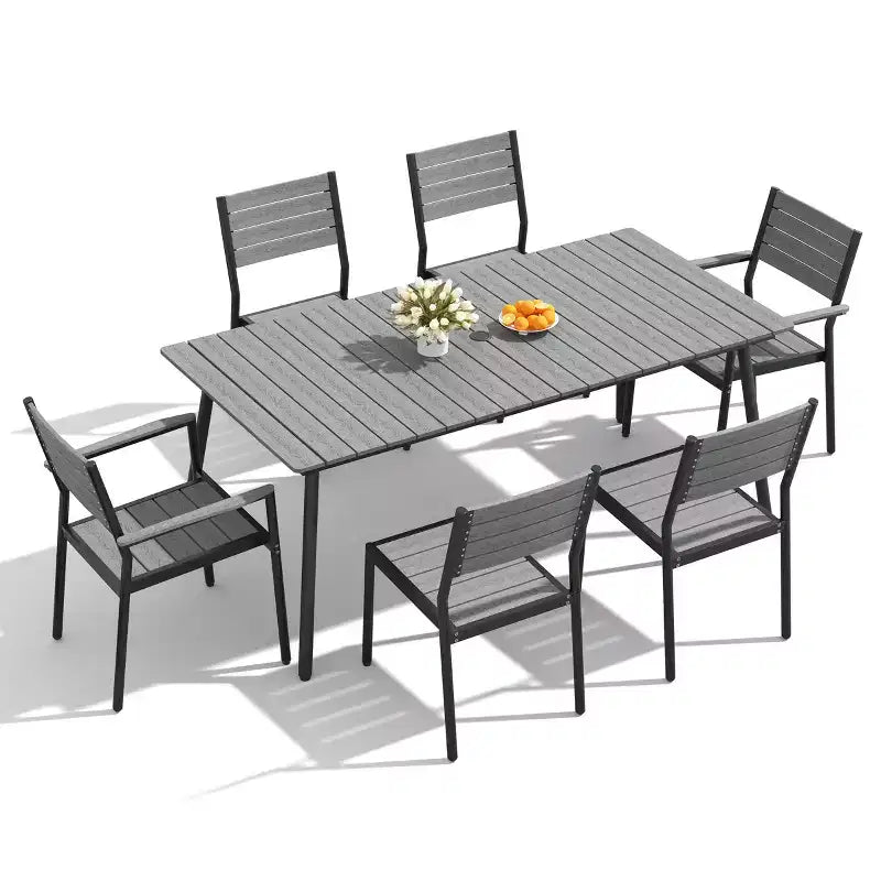 Crestlive Products Ensemble repas de jardin 7 pièces en aluminium, table de 183 cm et 6 chaises avec plateau en bois composite et trou pour parasol pour piscine et pelouse extérieure
