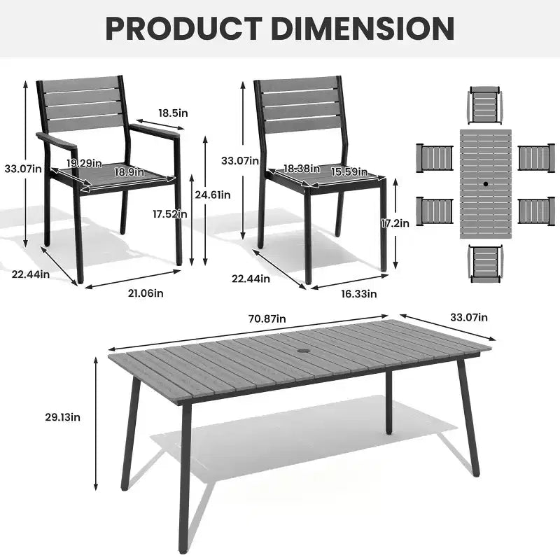 Crestlive Products Ensemble repas de jardin 7 pièces en aluminium, table de 183 cm et 6 chaises avec plateau en bois composite et trou pour parasol pour piscine et pelouse extérieure