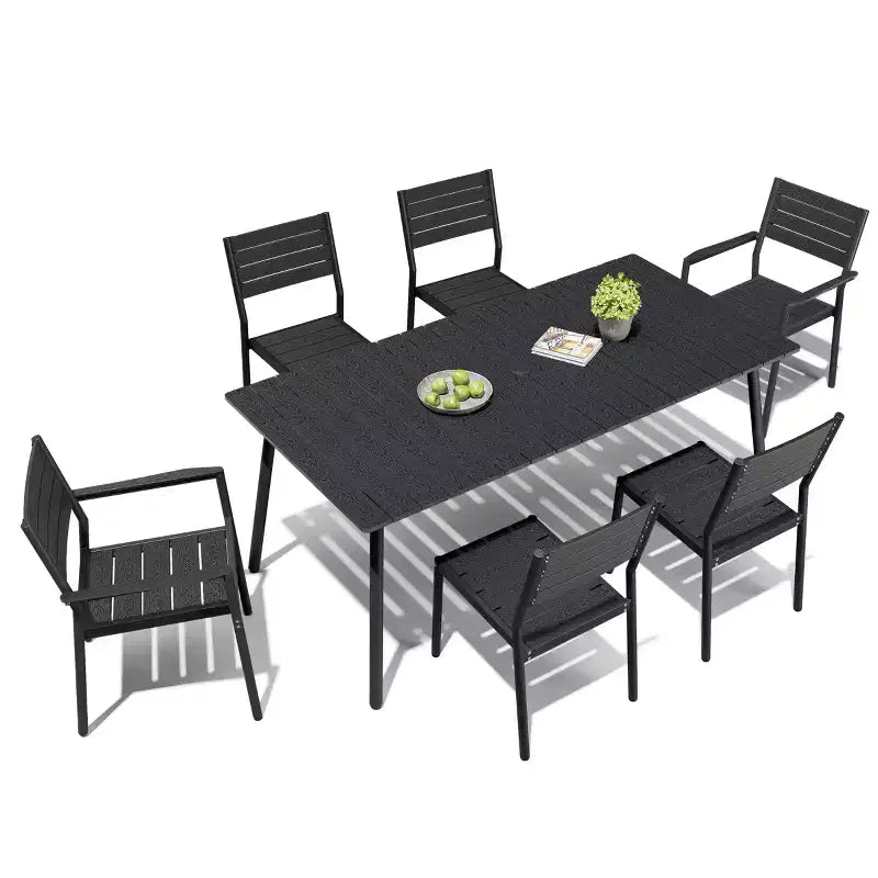 Crestlive Products Ensemble repas de jardin 7 pièces en aluminium, table de 183 cm et 6 chaises avec plateau en bois composite et trou pour parasol pour piscine et pelouse extérieure