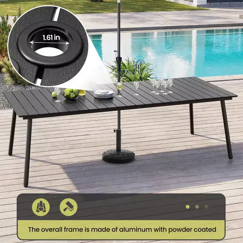 Crestlive Products Ensemble repas de jardin 7 pièces en aluminium, table de 183 cm et 6 chaises avec plateau en bois composite et trou pour parasol pour piscine et pelouse extérieure